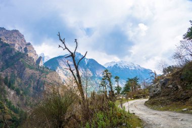Dağ yolundan güzel Dağları'nda bahar gününde, Nepal sarma.