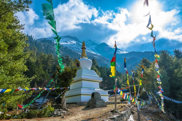 Beau Stupa Pierre Blanche Contre Les Montagnes Ciel Bleu Himalaya — Photo