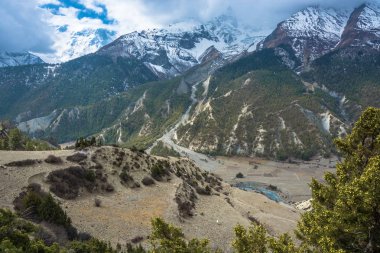 Bahar gününde, Nepal Himalayalar otlatma atları ile güzel dağ manzarası. 