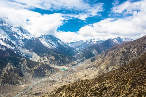 Bahar günü, Nepal Manang köyü yakınındaki kutsal Bagmati Nehri'nin güzel dağ panorama. 