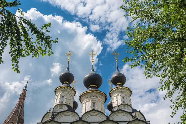 Cúpulas Negras Com Cruzes Douradas Contra Céu Nublado Rússia — Fotografia de Stock