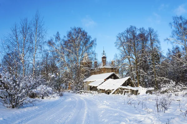 Beautiful Rural Landscape Ruined Church Clear Winter Frosty Day — Stock Photo, Image