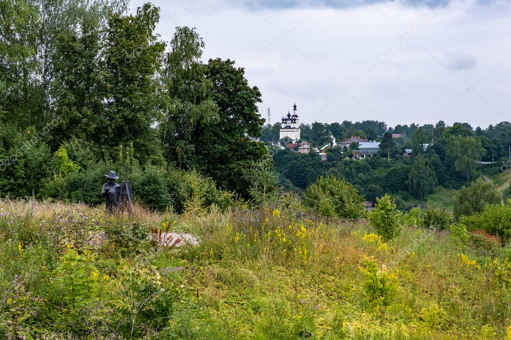 On Mount Levitan on a cloudy summer day, the city of Plyos, Russ