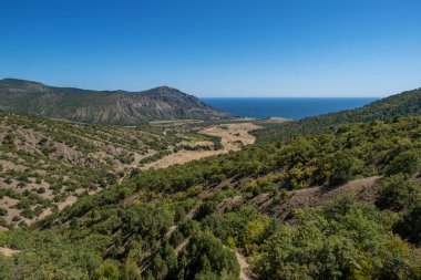 Güneşli bir d üzerinde dağlar ve deniz ile Yaz Kırım manzara