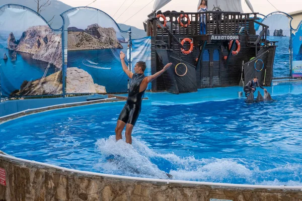 Een jonge man staande rijdt een dolfijn in een zwembad met blauw water, — Stockfoto