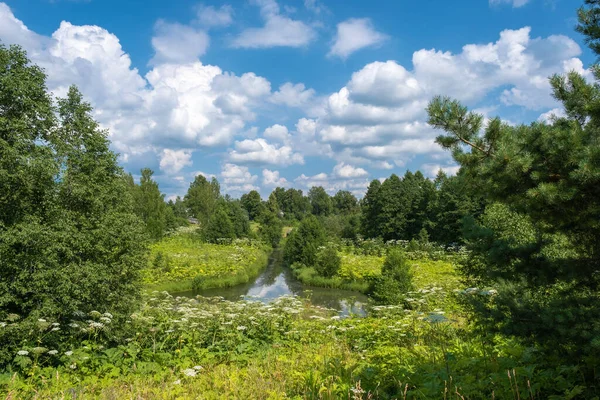 Beautiful Summer Landscape Small River Cloudy Sky Central Part Russia — Stock Photo, Image