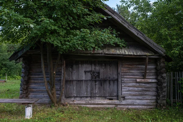 Stara Rustykalna Stodoła Drewnianą Ławką Zielonym Drzewem Wieś Krasnye Gory — Zdjęcie stockowe