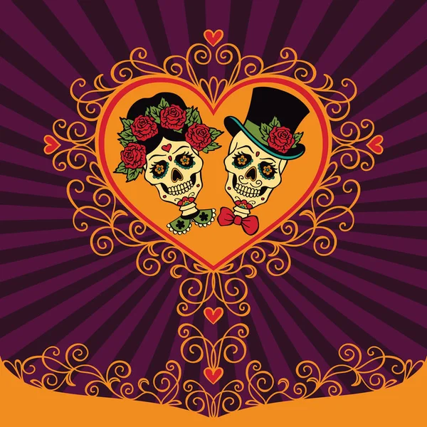 Calaveras de azúcar mexicanas con corazón y adorno. Día de los Muertos — Vector de stock