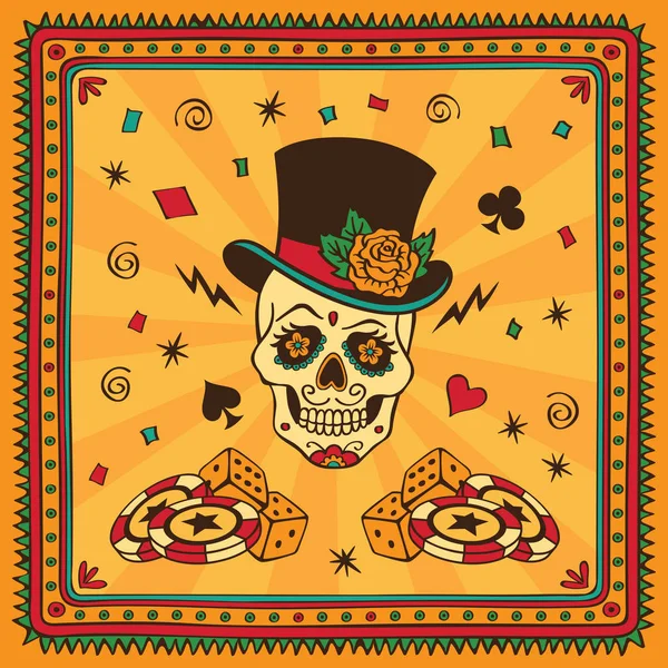 Crâne de sucre mexicain avec des attributs de casino. Dia de los Muerto — Image vectorielle