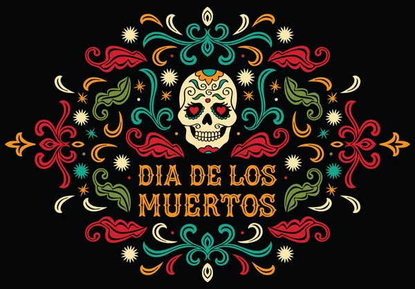 Dia de los Muertos. Mexicaanse suiker schedel met letters en ornamen — Stockvector