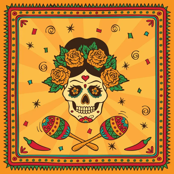 Mexicaanse suiker schedel van vrouw met maracas. Dia de los Muertos. — Stockvector