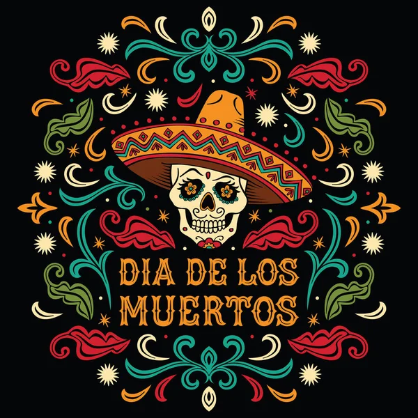 Dia de los Muertos. Crâne de sucre mexicain avec lettres et ornements — Image vectorielle