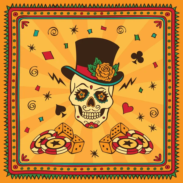 Teschio di zucchero messicano con attributi di casinò. Dia de los Muerto Illustrazioni Stock Royalty Free