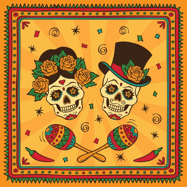 Maracas ile Meksika şeker kafatasları. Dia de los Muertos. Stok Vektör