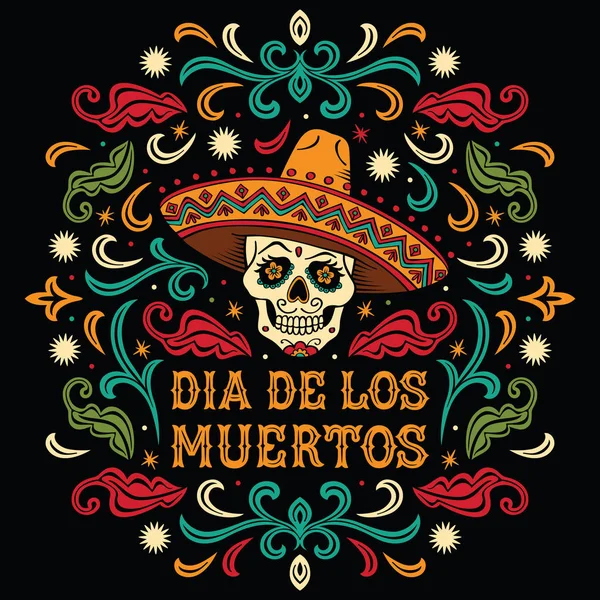 Dia de los Muertos. Teschio di zucchero messicano con lettere e ornamenti Vettoriali Stock Royalty Free