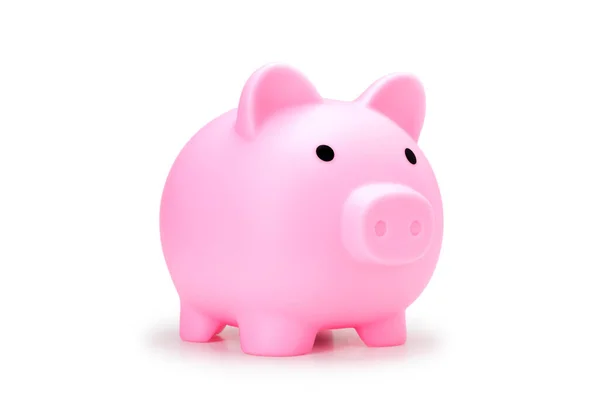 粉色储蓄罐侧面视图 保存硬币真实的照片图像在白色背景 猪娃娃存钱罐 用于在白色上与夹道隔离 最好用于模切 图库照片