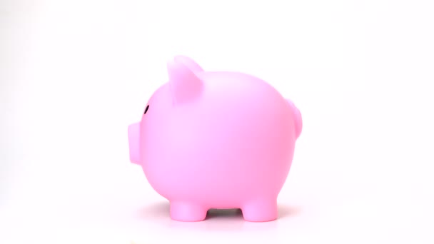 Sparen Auf Rosa Sparschweinen Isolieren Seitenansicht Der Hand Münze Schweinepuppenbank — Stockvideo