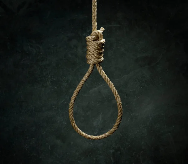 绞刑架绳 用天然纤维绳制成 挂在灰色的小墙上 绞刑架和绞刑架的钢丝绳结可以挂在黑色混凝土墙上 用于杀人或自杀的绳索绞索 图库图片
