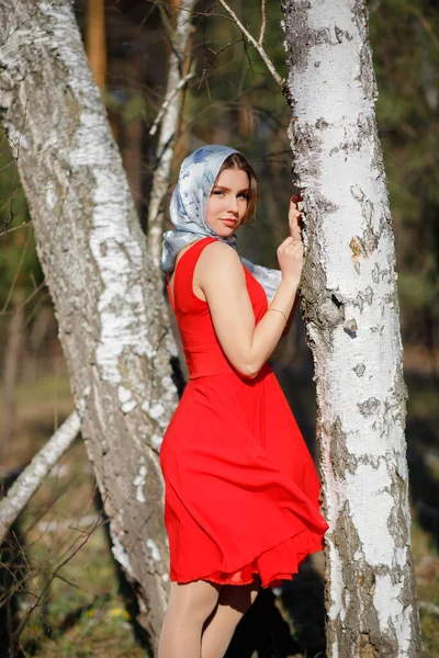 Junge Frau Rotem Kleid Lehnt Baum — Stockfoto