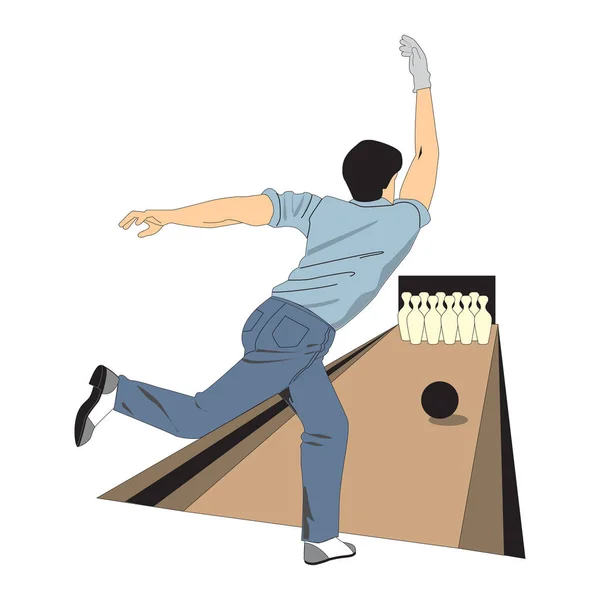 Un uomo che gioca a bowling. Ruota la palla. La figura di un uomo che sta cercando di abbattere i birilli. La figura di un uomo in piedi con una palla da bowling . — Vettoriale Stock