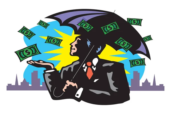 Zaferini kutlayan iş adamına dolar yağıyor. Her iki sıkılmış yumruk eliyle evet jestini ifade etmek. Nakit para yağmuru. Zengin ve başarılı. Düz stil vektör çizimi.