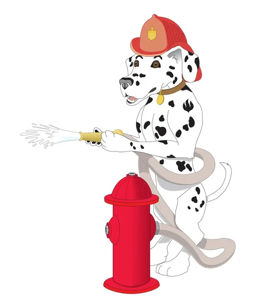 Un cachorro dálmata sonriente, de pie cerca de una boca de incendios roja, lleva un sombrero de bombero y menea su cola felizmente . — Archivo Imágenes Vectoriales
