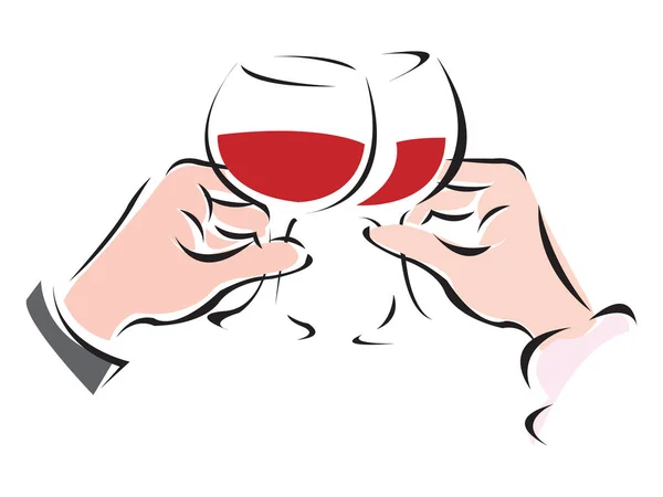 Mãos de homem e mulher batem copos com vinho tinto. Gravura vintage estilizado desenho. Ilustração vetorial — Vetor de Stock