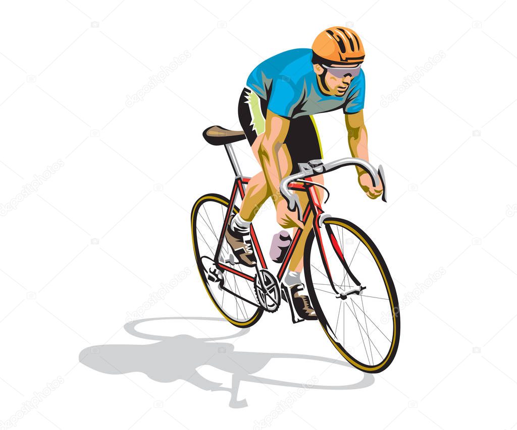 Young racing bicyclist man with bike isolated on white background in flat style