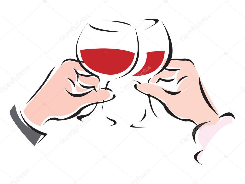Hands of man and woman clink glasses with red wine. Vintage engraving stylized drawing. Vector illustration