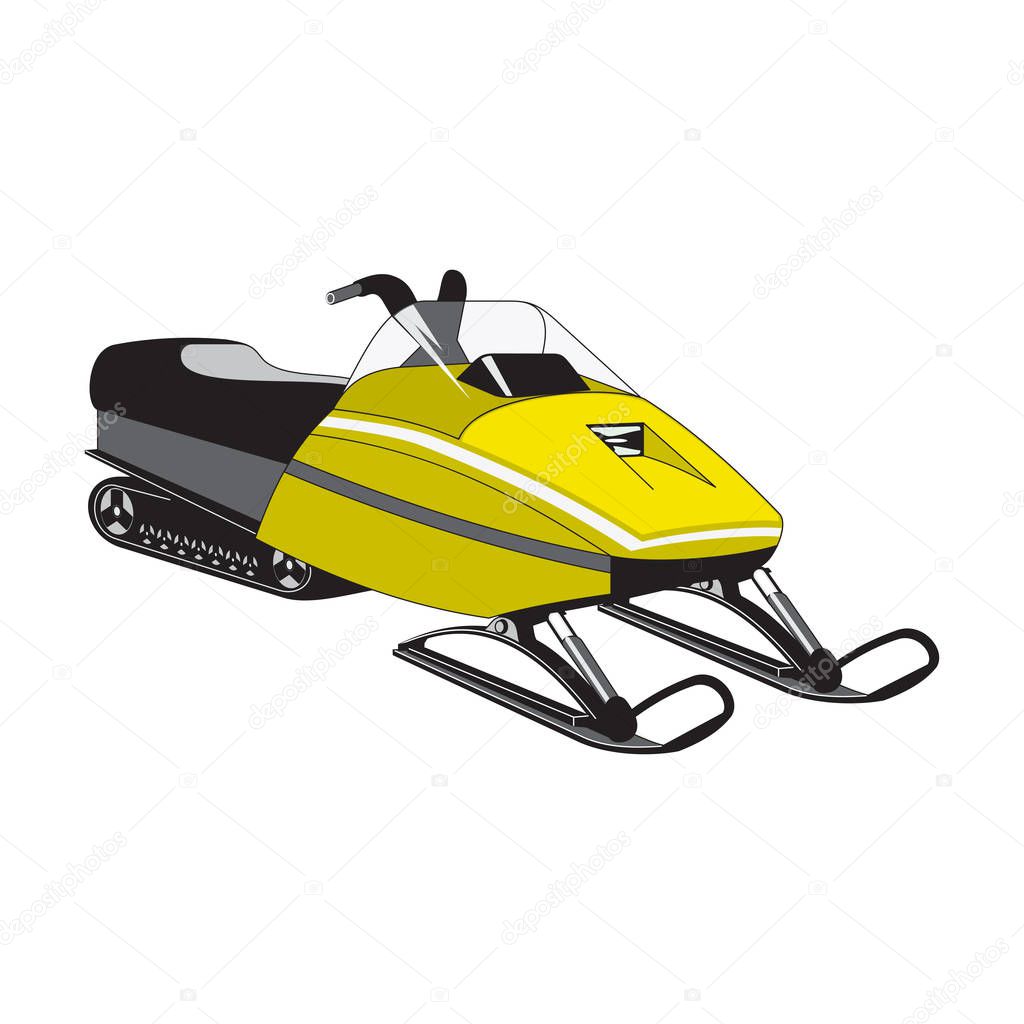 Snowmobile side view yellow outdoor travel recreation snowy transport. Power ride equipment winter atv vector vehicle