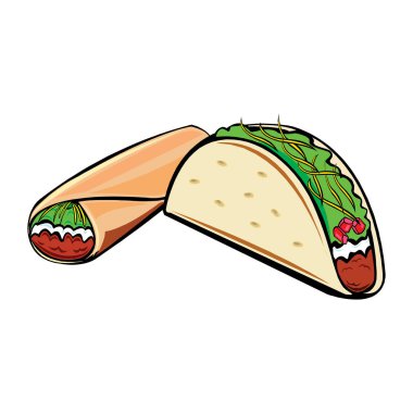 Peynirli sosisli ve sebzeli iştah açıcı sandviç. Beyaz arka planda izole edilmiş vektör çizimi.