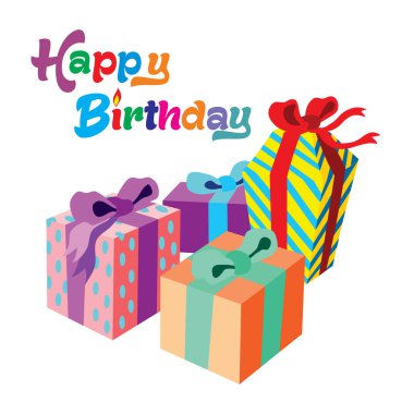 Renkli hediye kutuları ve beyaz arka planda doğum günü mesajlı konfeti. Doğum günü şablonu