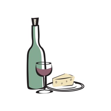 Beyaz zemin üzerinde peynir ve harf olan kırmızı şarap şişesinin vektör çizimi.