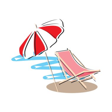 Sahilde Sahilde Şemsiye ve Sandalyeli Yaz Sahil Vektör Tasarımı. Plaj Tatilleri için Yaz Arkaplan Vektörü İllüstrasyonu