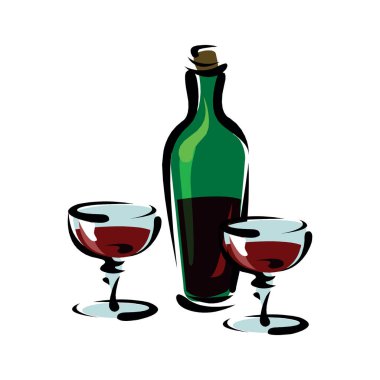 Siyah şarap şişesi, harf cümlesi ve iki bardak ile vektör illüstrasyon. Dokuzdan şaraba çalışıyorum..