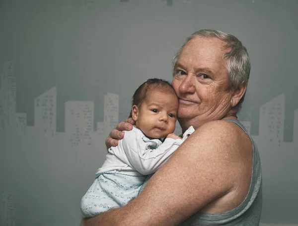 Portrait Caring Grandfather Hugging Grandson His Arms Gaze Directed Camera — Stock Photo, Image