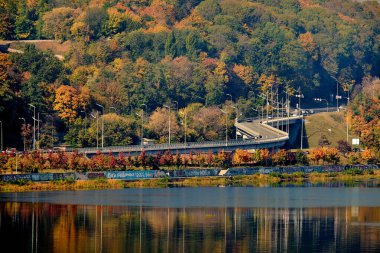 Araba, verimli yaprak döken ağaçları geçiyor. Nehir kenarındaki sonbahar ormanı. Ampul direkleri suya yansır..