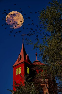 Derin alacakaranlık gökyüzünün altında parlayan ay ve uçan kuş sürüsü ile gizemli kırmızı kule. Sahne, binadaki çarpıcı kırmızı ışıkla güçlendirilmiş karanlık ve ürkütücü bir atmosfer yaratıyor..