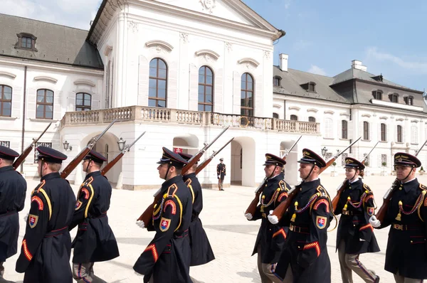 Bratislava - 7 Nisan 2019: Grassalkovich Sarayı'nda Muhafızların Değişimi geleneksel askeri törenleri, Bratislava cumhurbaşkanlığı sarayı, Slovakya.