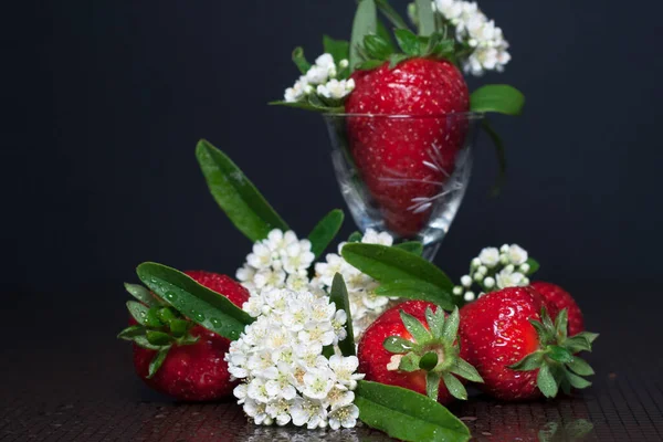 Natte Aardbeien Kleine Witte Bloemen Een Compositie Donkere Achtergrond — Stockfoto