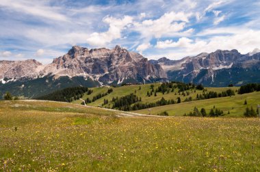 İtalyan Dolomitleri 'nde bulutlu bir gökyüzünün altında çayırlar ve dağlar