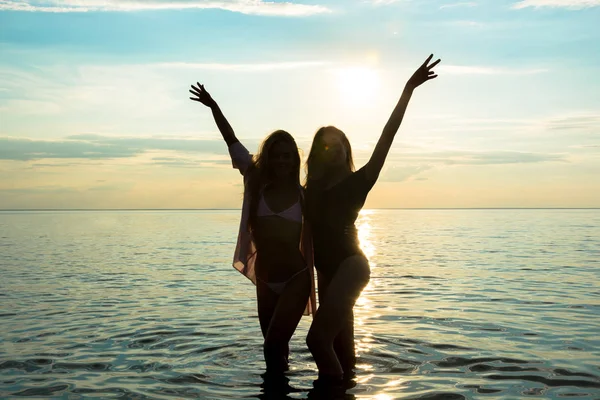 Dos Hermosas Chicas Estudiantes Abrazándose Levantando Las Manos Mostrando Signo —  Fotos de Stock