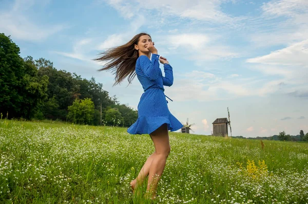 Bela Jovem Sorridente Está Dançando Gira Vestido Azul Prado Com — Fotografia de Stock