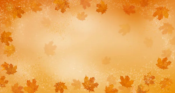 Autumn leaves flying on orange background, fall. Creative background of autumn leaves.