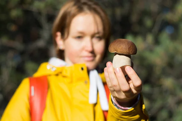 Porcini King Bolete Hand Young Woman Forest Young Woman Yellow — Stock Photo, Image
