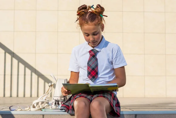 一个穿着校服 头发蓬乱 头戴彩色铅笔 头戴书本的女孩坐在学校前面的台阶上看书 为上课做准备 — 图库照片