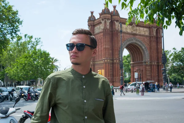 Young Handsome Man Tourist Glasses Stands Arc Triomf City Barcelona — Stock Photo, Image