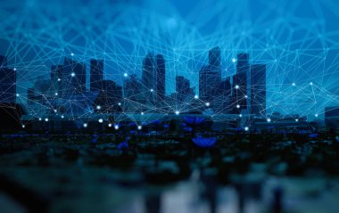 Soyut Singapur şehir arka planına sahip kablosuz ağ ve bağlantı teknolojisi kavramı 