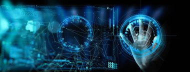 Dijital pazarlama medya (web sitesi reklam, e-posta, sosyal ağ, Seo, video, mobil uygulama) Modern Ui bilgisayar elle dokunarak.