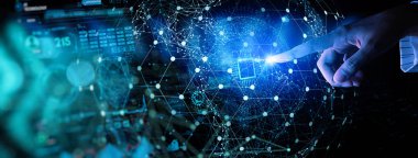 Küresel iş, fintech, blockchain 5g Lte veri bağlantısı ile el dokunmalı Telekomünikasyon ağı ve kablosuz mobil internet teknolojisi.